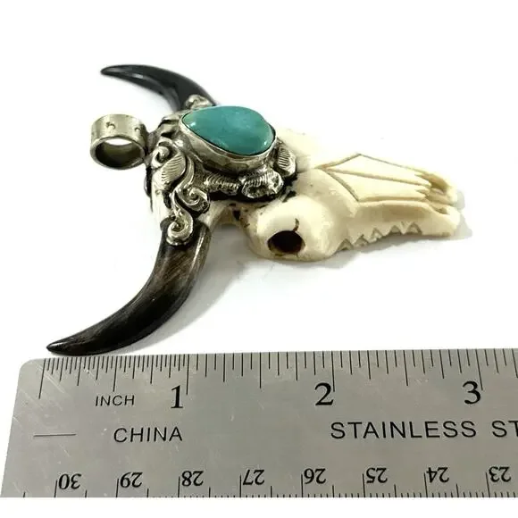 Western Steer Skull Style Pendant Turquoise Stone Southwestern Necklace Charm 3” - Picture 4 of 8